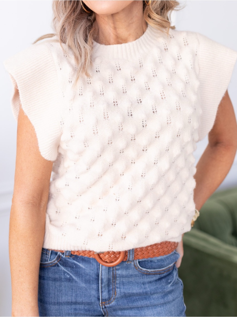 Ces Femme Cream Short-Sleeve Cable Knit Crew Sweater